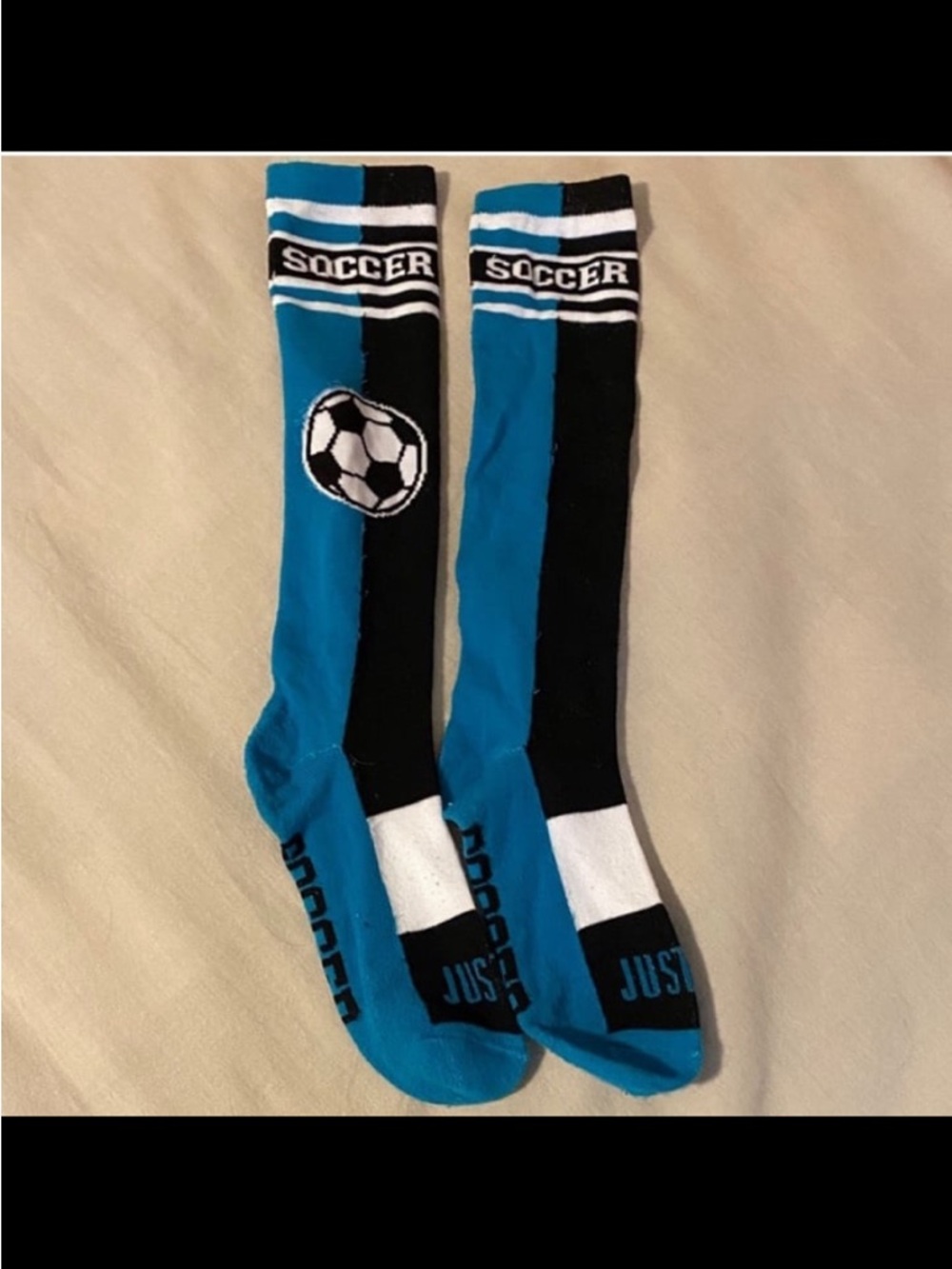 Justice Kids Soccer Knee-High Socks in Teal, Black & White Sz L